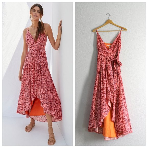 Anthropologie Dresses & Skirts - Anthropologie Hutch Flutter Wrap long Dress XS flowy lined orange pink white dot